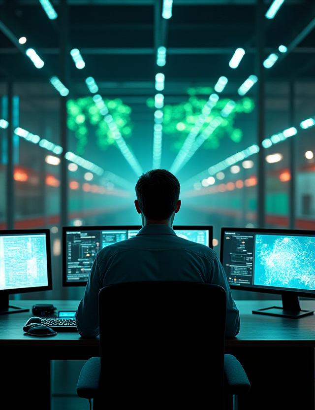 Modern logistics dispatch center with multiple screens and maps
