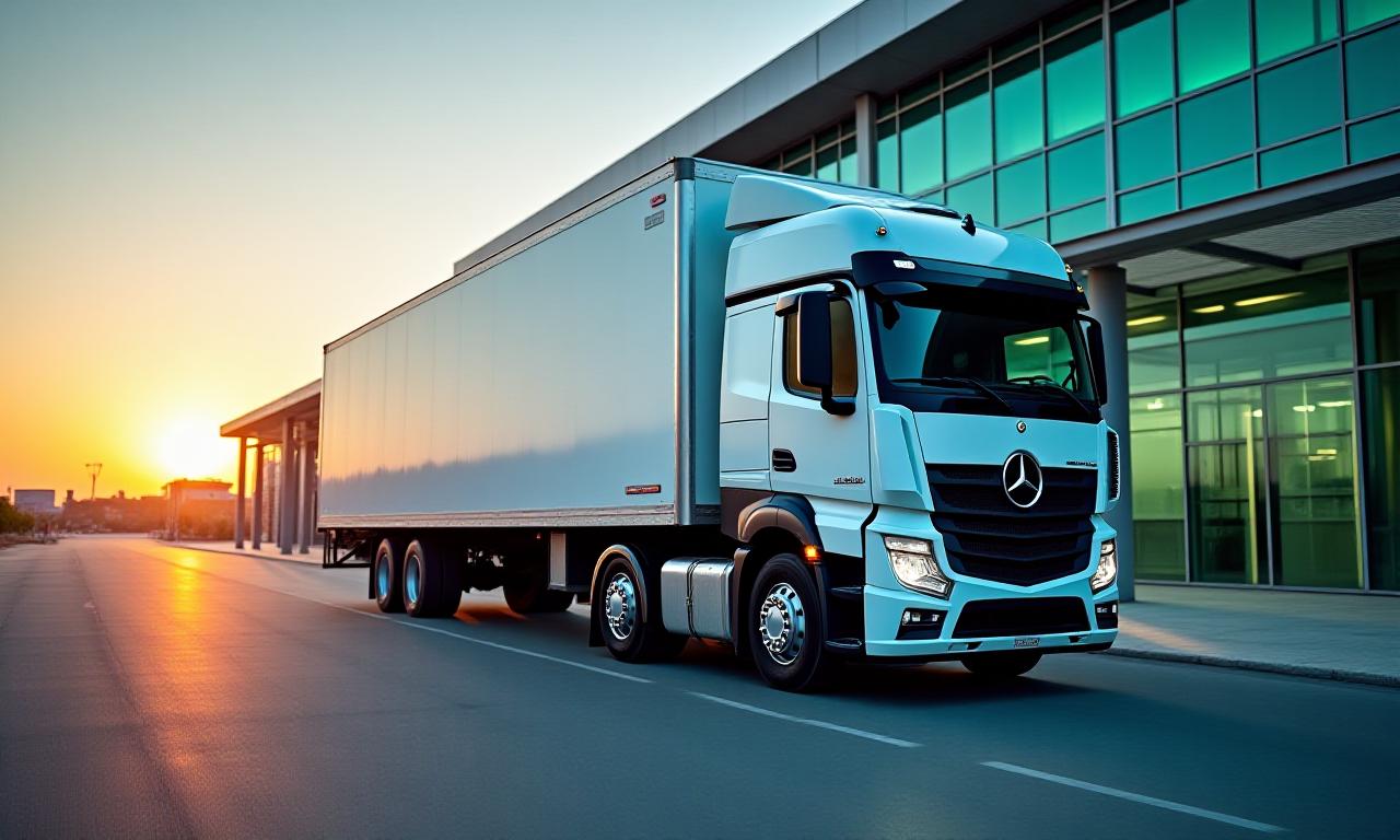 Modern box truck at a distribution center during twilight