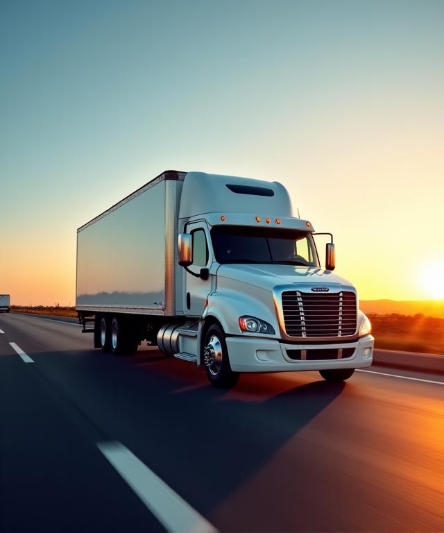 Modern white box truck navigating a coastal highway at sunset